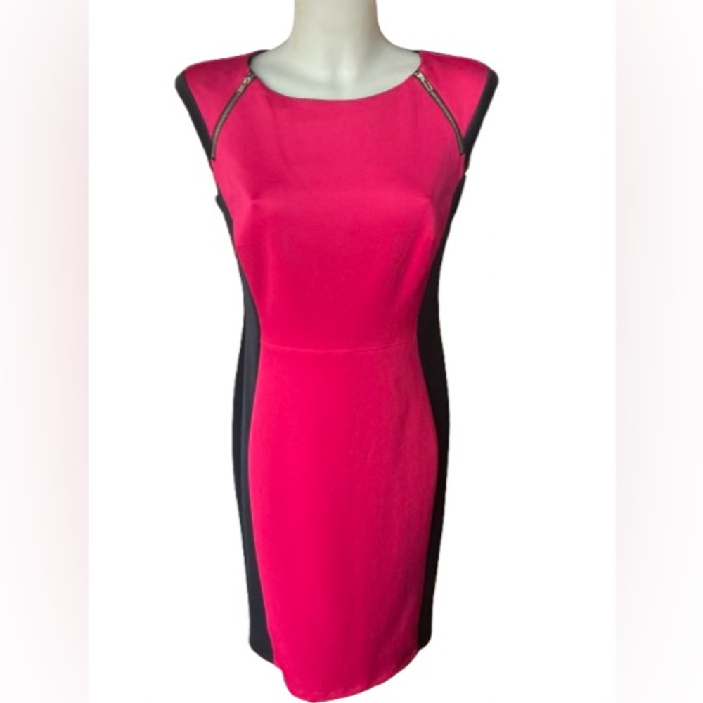 Enfocus Studio Colour Block Sheath Dress in Bright Pink w/Deep Navy Size 10